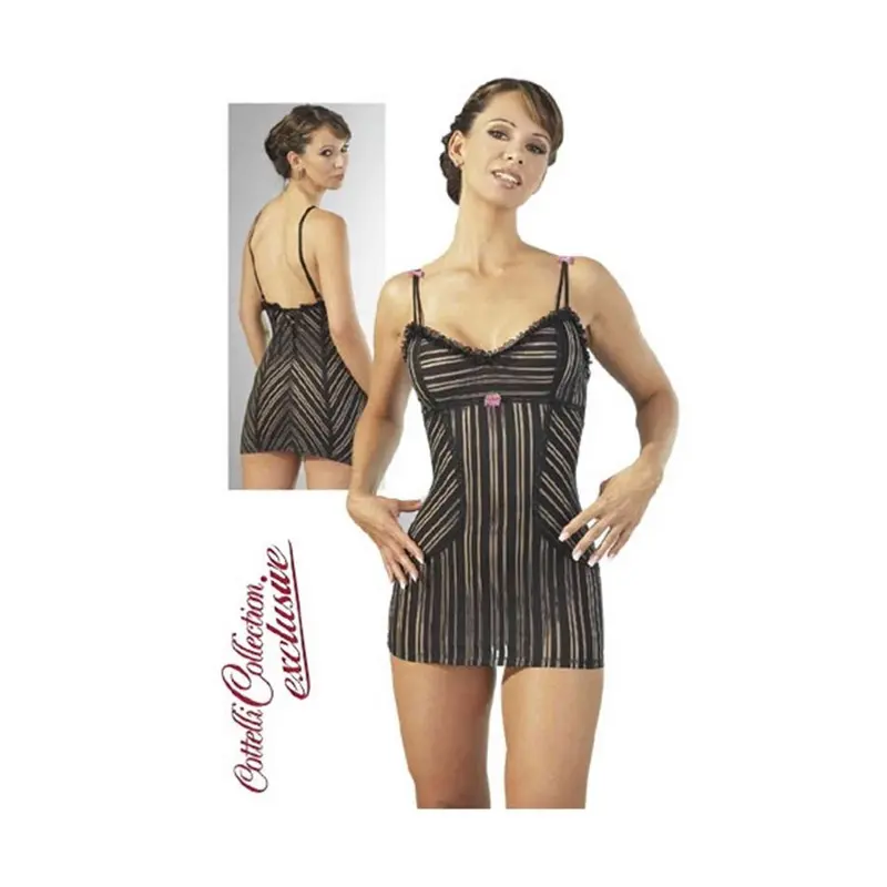 Babydoll Nero Trasparente a Righe con Spalline Sottili