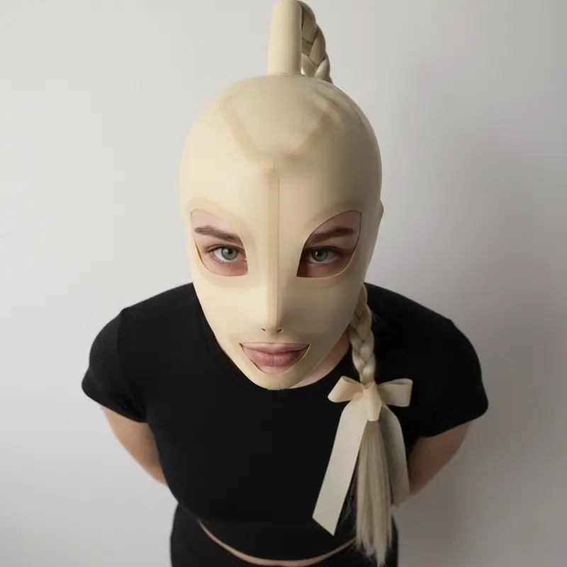 Beige Latex Hood with Ponytail - Braided Latex Mask