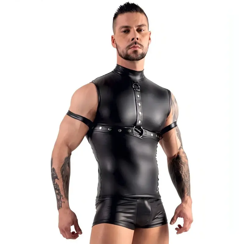 Canotta nera con Harness collo e costrittivo braccia – Maglia