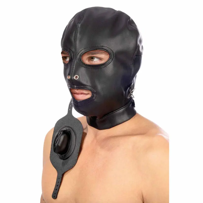 Cappuccio nero BDSM con bocca removibile – accessorio per dominazione