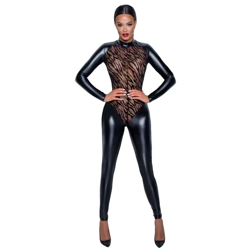 Jumpsuit aderente con inserto di velluto tigrato – Catsuit
