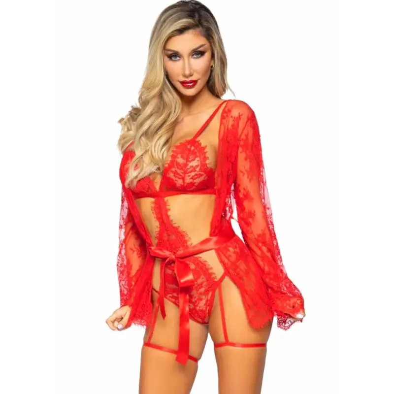 LEG AVENUE - 86123 SET VESTAGLIA TEDDY + GIARRETTIERA ROSSO TAGLIA S