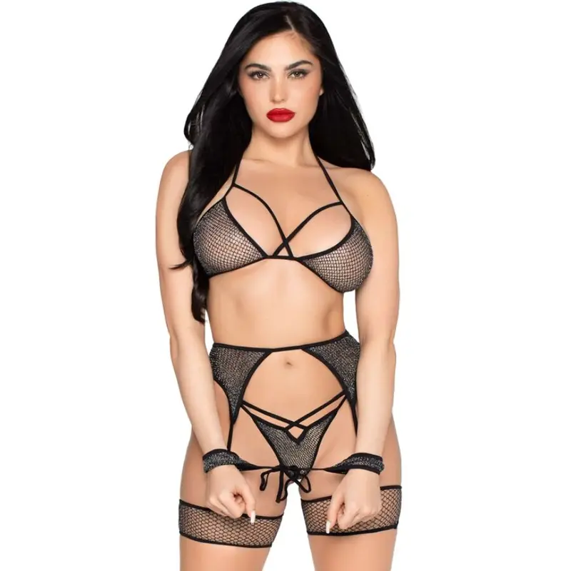 LEG AVENUE - 89362 SET TOP + PERIZOMA + GIARRETTIERA + MANETTE NERO - TAGLIA UNICA