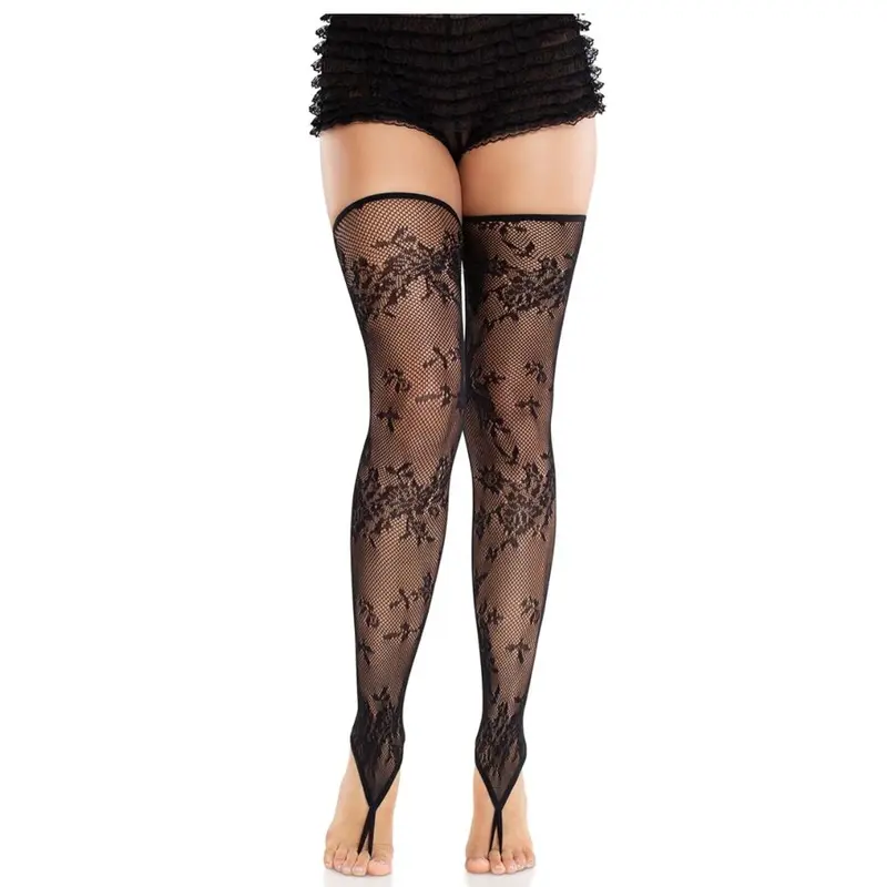 LEG AVENUE - CALZE SENZA PIEDE IN PIZZO FLOREALE NERE