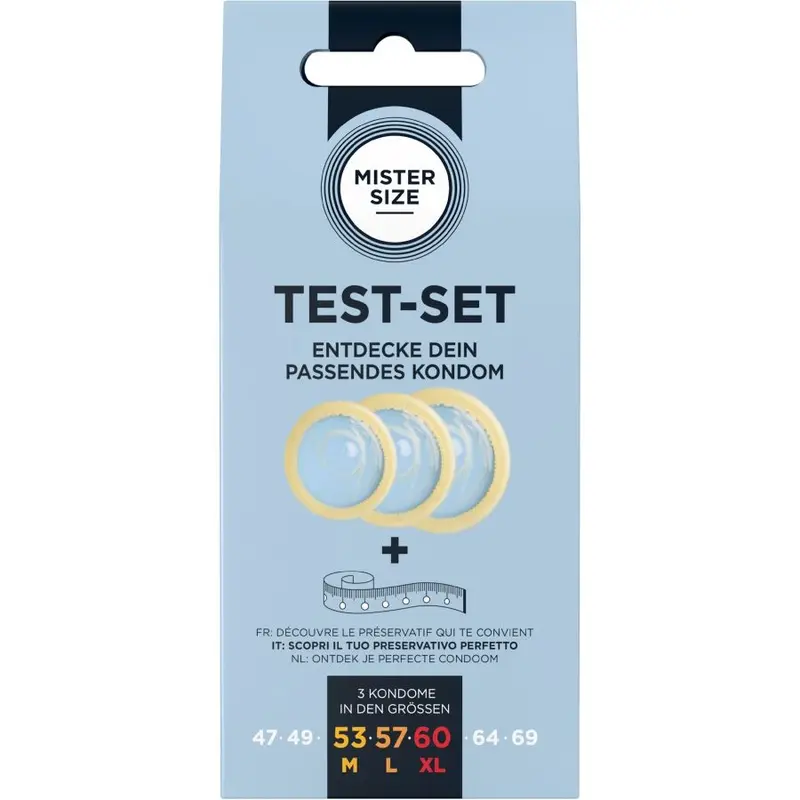 MISTER SIZE - SET DI PROVA 3 PRESERVATIVI DI MISURE DIVERSE + METRO A NASTRO